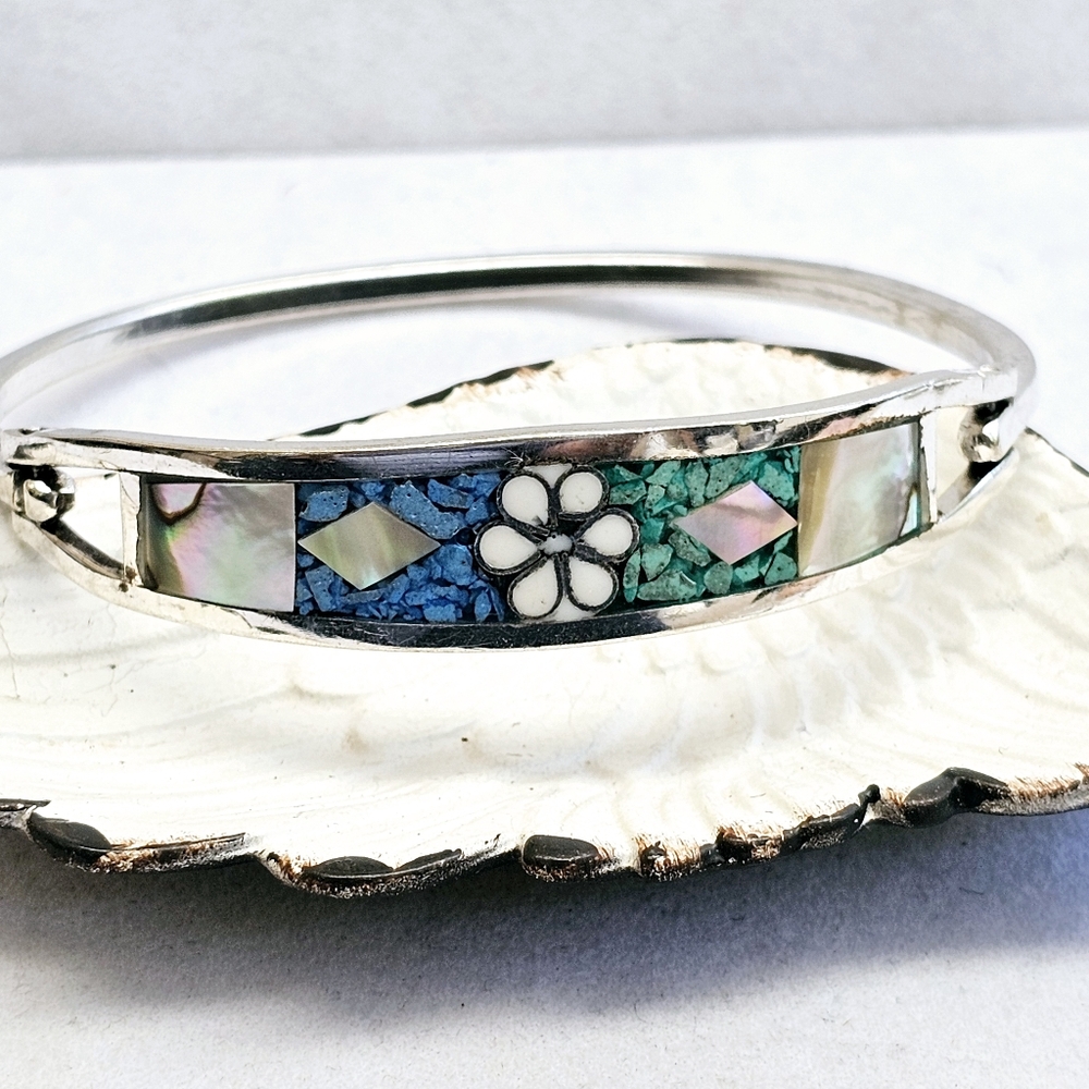 Mexico 925 Inlaid Gemstone Hinged Bracelet Michoan 925 - Picture 2 of 14